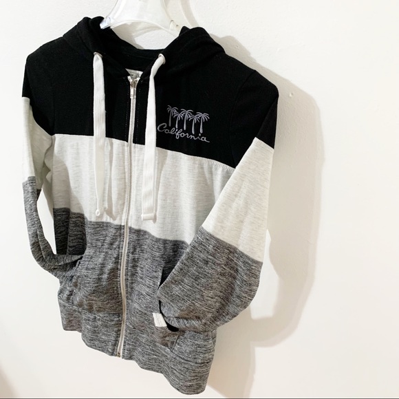 Reflex Front Zip Striped Long Sleeve Hoodie Drawstring California Embroidered - Picture 4 of 14